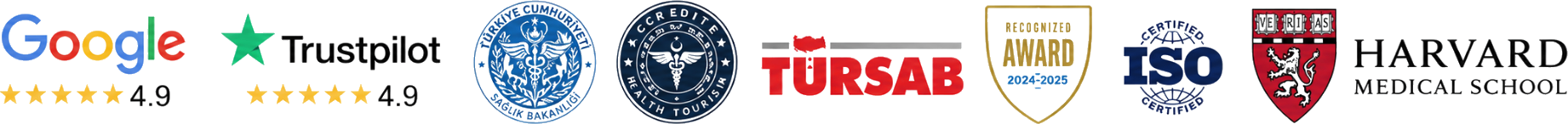 Trusted by Google & Trustpilot (4.9 stars), Turkish Ministry of Health, CCR Edite Health Tourism, TÜRSAB, Recognized Award 2024-2025, ISO Certified, and Harvard Medical School